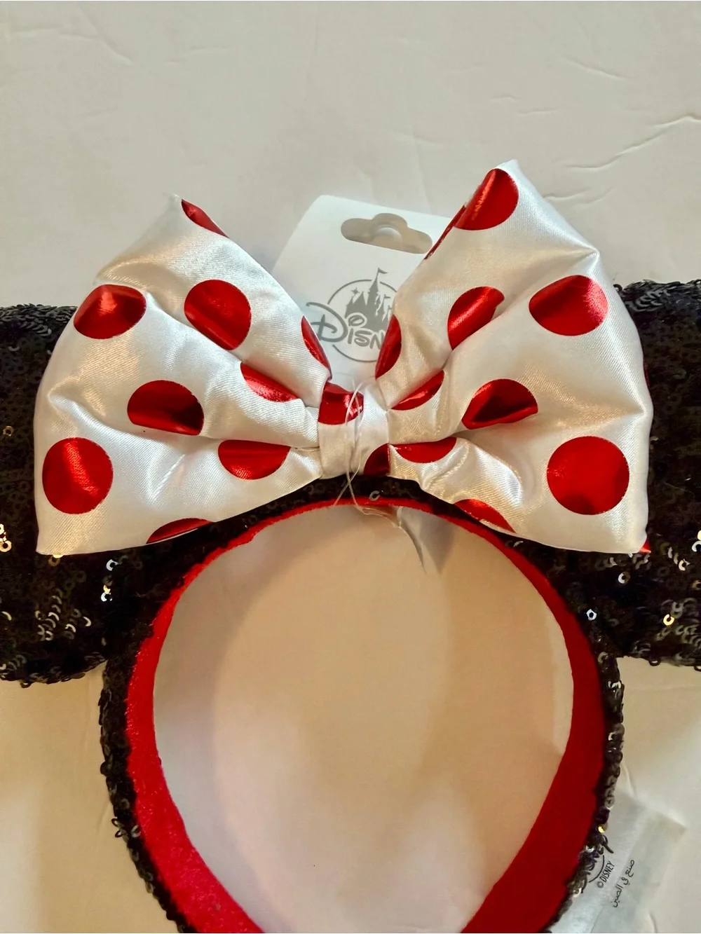 New Disney Parks Sequined Black with White Red Polka Dot Bow Ears Headband